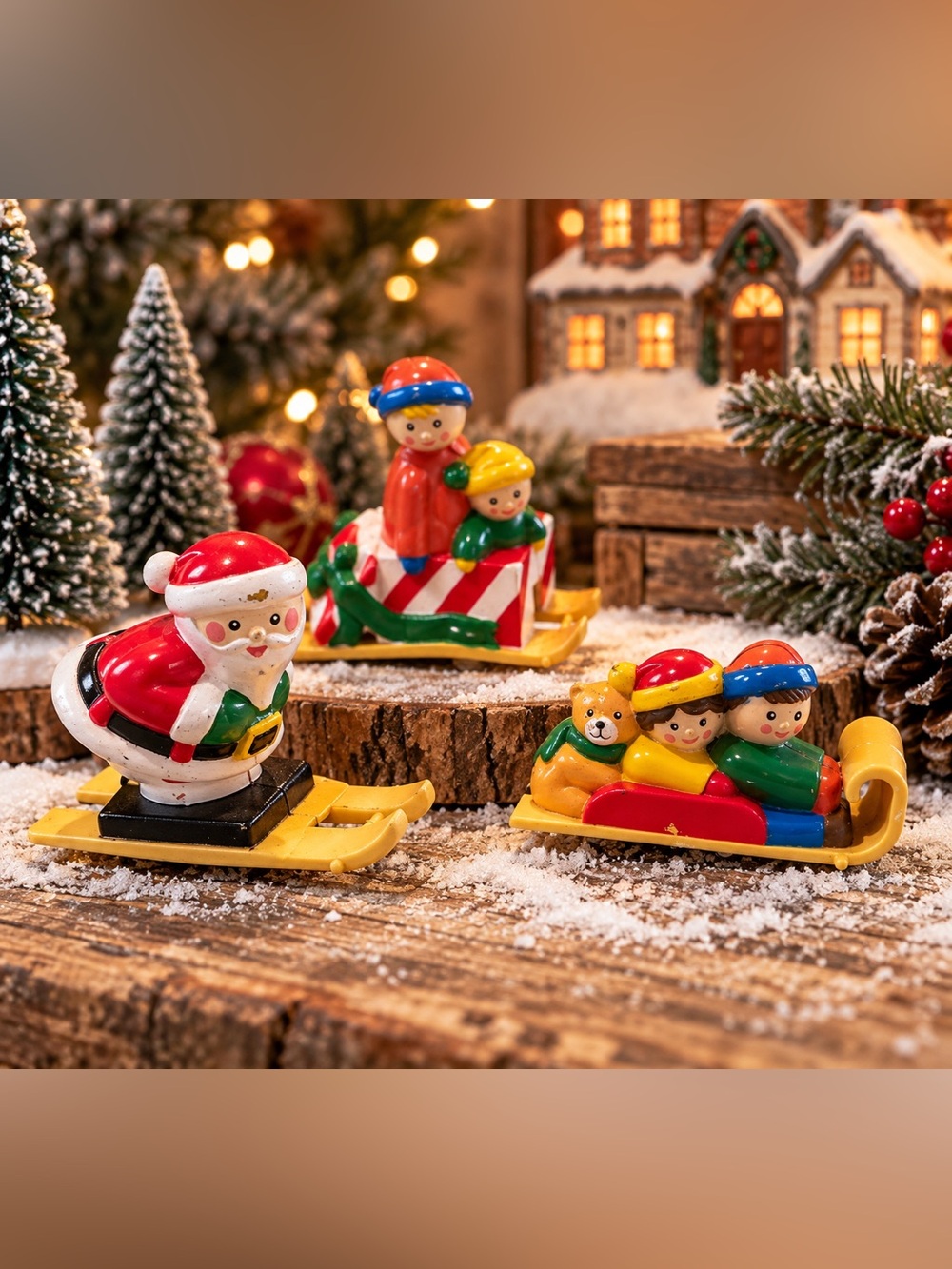 1992 Mr. Christmas Santa’s Ski Slope Replacement Sled Skier Figures Vintage